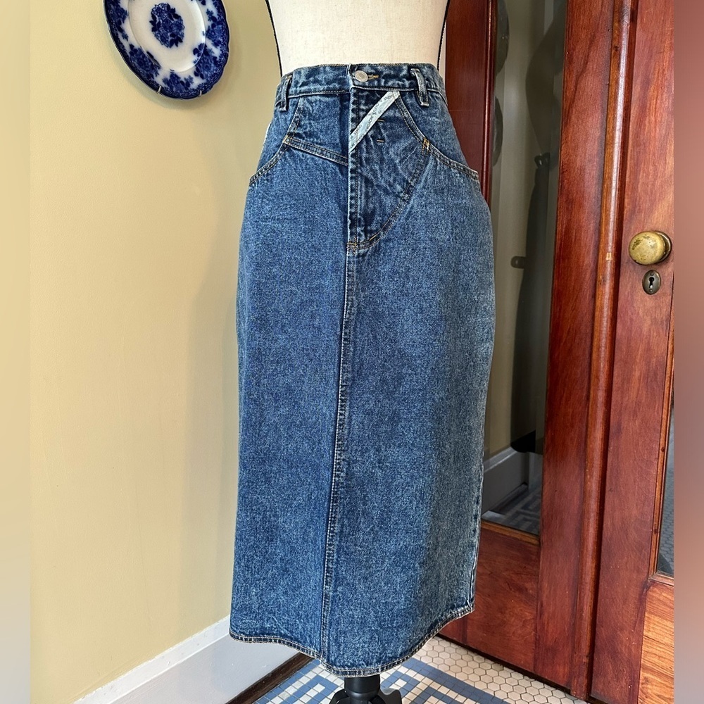 Jordache | 80s Vintage Stonewashed Midi Denim Pencil Skirt